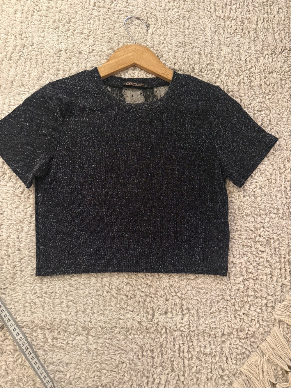 TOPFEELING Ladies Black Metallic Shimmer Crop Top M Sheer Lace V Back Party